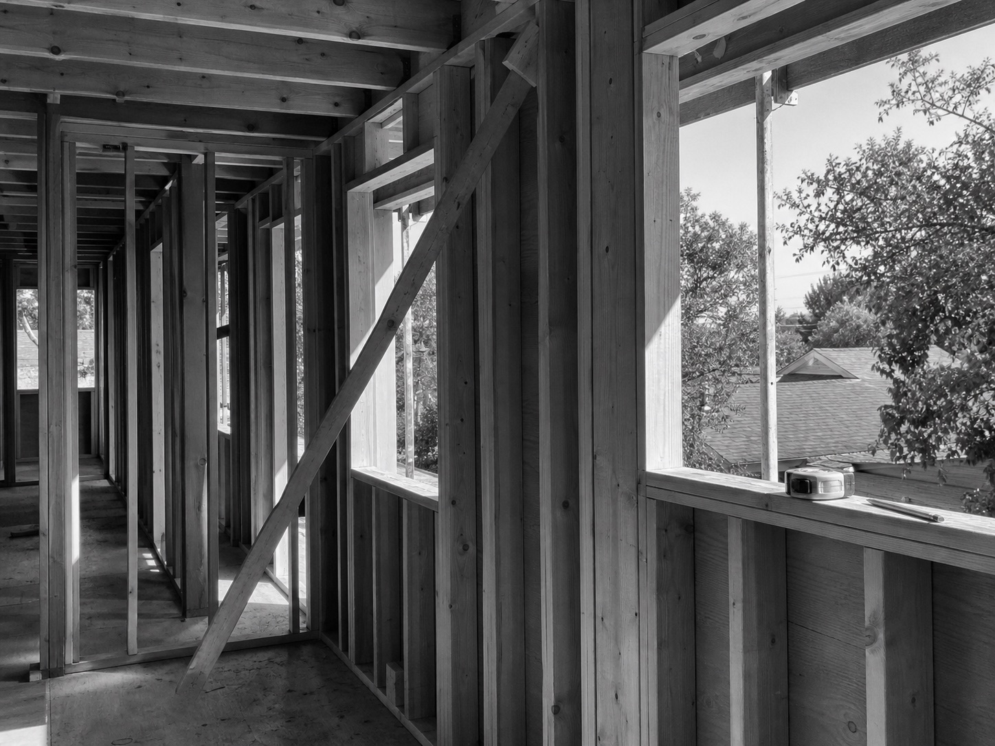 Framing stage of a residential construction project