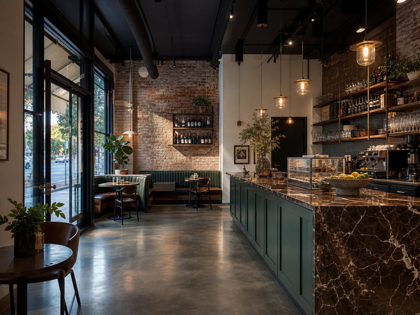 Warm, design-forward hospitality interior representing Cedar and Stone commercial renovation work